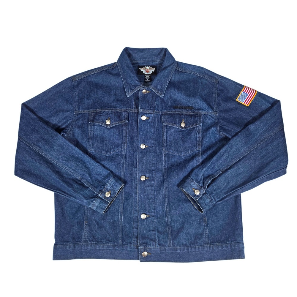 Harley Davidson Denim Jacket Mens XL Blue USA Made Trucker American Flag Biker